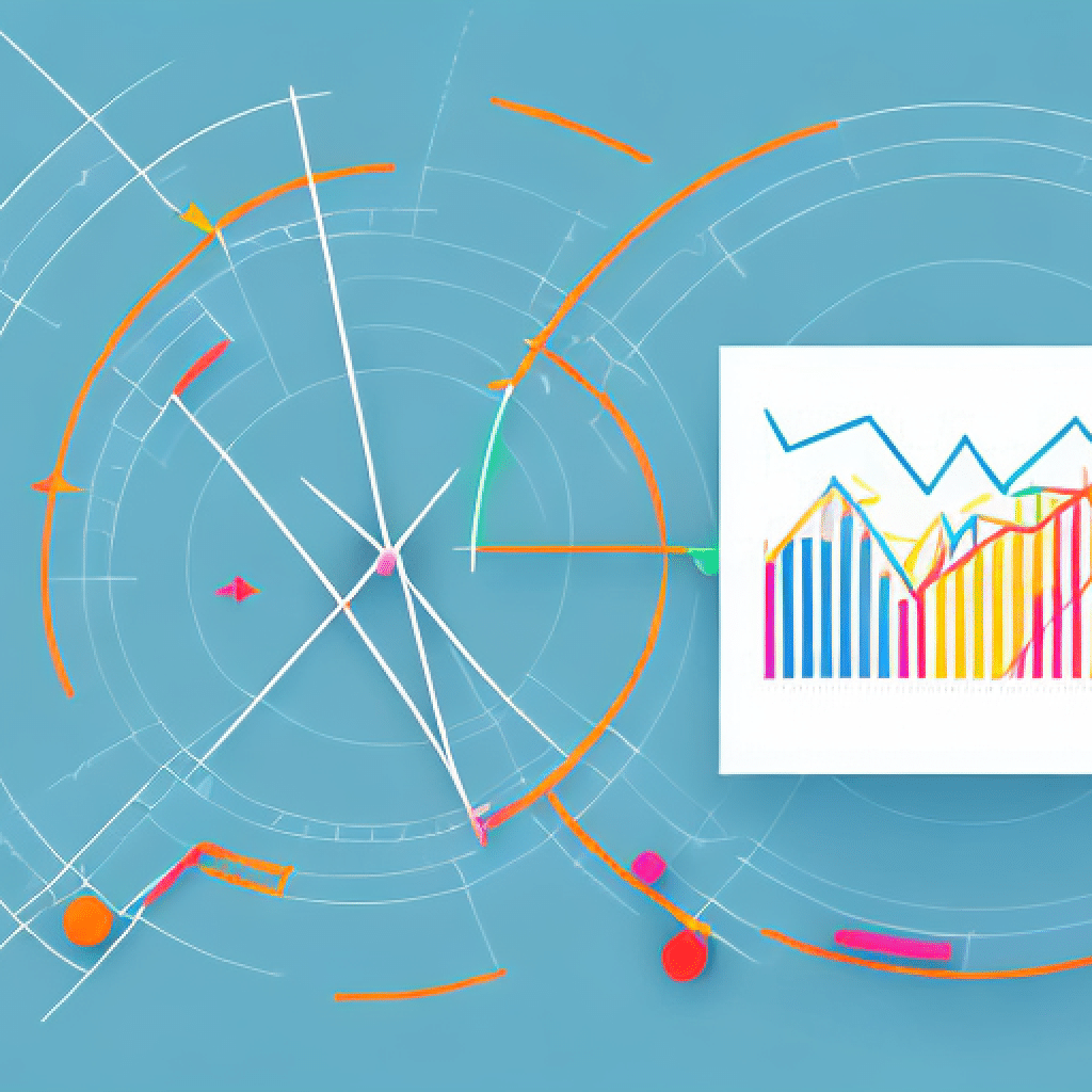 A stock market graph with colorful arrows and lines indicating trends and movements